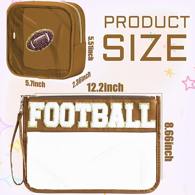 2 Pcs Football Gifts Makeup Bag with Chenille Letter Patch, Clear Cosmetic Pouch PVC Organizer Purse, Waterproof Travel Bag, Portable Toiletry Storage Bag for Her Girls Friends Women