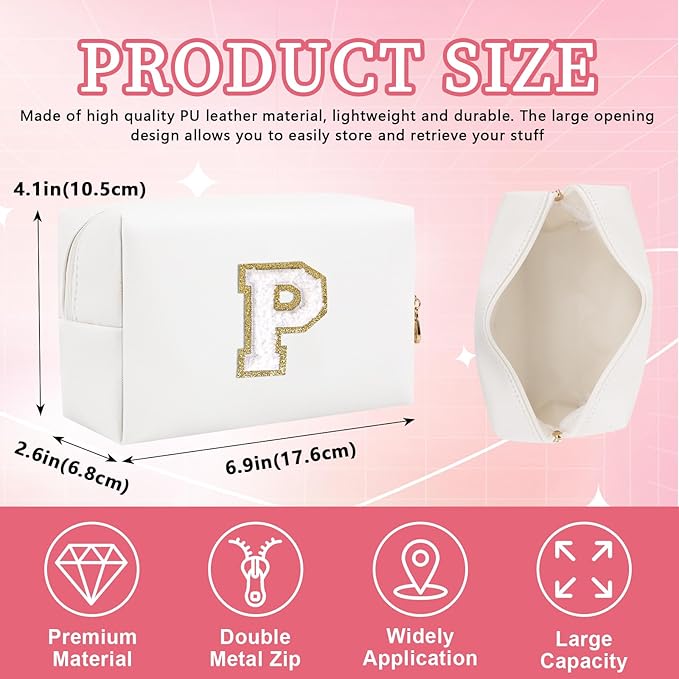 Personalized Initial Letter Patch Makeup Bag, Preppy Portable Chenille Letter Cosmetic Bag with Zipper, PU Leather Waterproof Travel Toiletry Bag Monogram Make Up Pouch for Women Girls(Letter P)