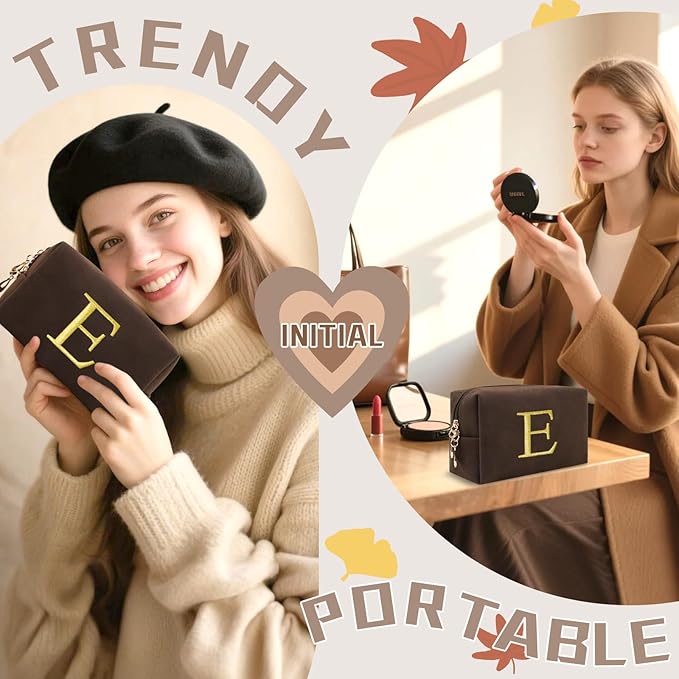 Personalized Initial Makeup Bag,Preppy Suede Cosmetic Bag for Teen Girls,Small Monogram Travel Toiletry Bag With Gold Embroidered Letter,Trendy Stuff Custom Christmas Gift for Women(Coffee-E)