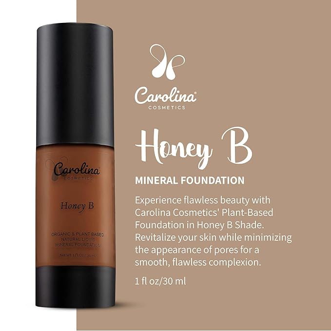 Carolina Cosmetics - Foundation in Honey B Shade Plant-Based - Hydrating, Pore-Minimizing & Buildable Coverage - Vegan, Non-GMO, Paraben-Free - 1oz