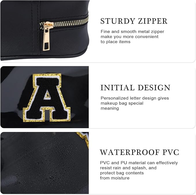 YOOLIFE Initial Travel Makeup Bag Pouch, Clear Toiletry Bag for Women Travel Accessories Cosmetic Bag Skin Care for Teen Make Up Bags Birthday Gifts for Women Unique Teacher Mom Friends Gifts Black N