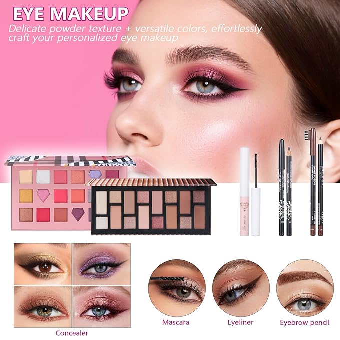 Makeup Kit For Girls, Makeup Set For Teen Beginners, Make up Gift Set For Women with Makeup Box, Eyeshadow Palettes, Foundation, Concealer, brushes set (Colors 18)