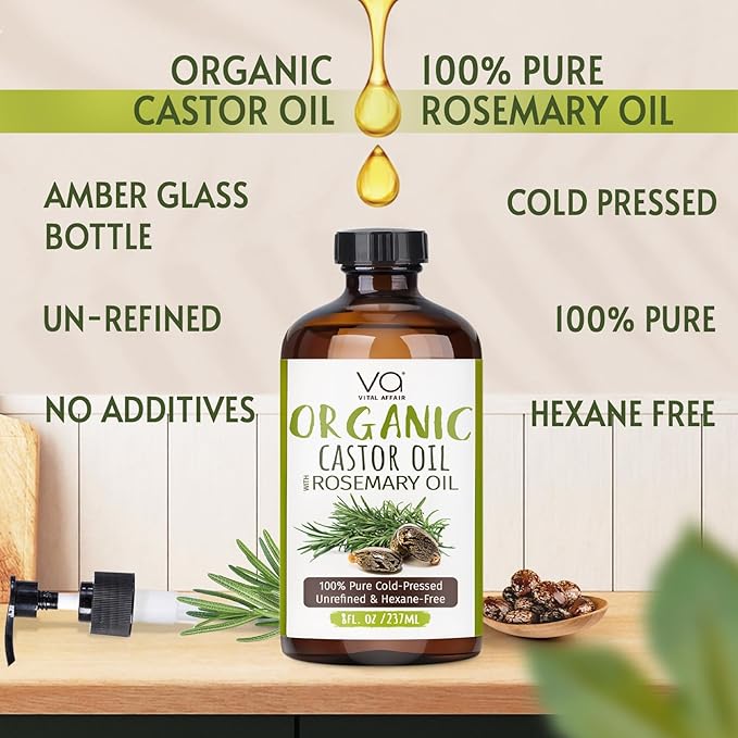 VITAL AFFAIR Organic Castor Oil With Rosemary Oil For Hair Growth - 100% Pure Rosemary Hair Oil With Pure Castor Oil Cold Pressed Unrefined Glass Bottle - Strengthening & Volumizing 8 Fl Oz
