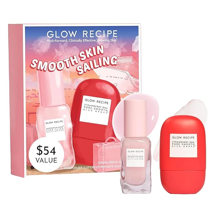 Glow Recipe Smooth Skin Sailing Skincare Set - Watermelon Glow Pink Juice Facial Moisturizer + Silicone-Free BHA Strawberry Pore Minimizer Blurring Drops (2 Count)
