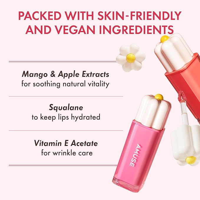 Amuse SEOUL Daisy Flower Dew Tint 10 PEACH BUNNY | 35% High-moisture Water Tint, Long-lasting, Vitamin E, Moisturizing, No Peel Off, Lip Treatment, Non Sticky, Korean Lip Tint for Dry Lips