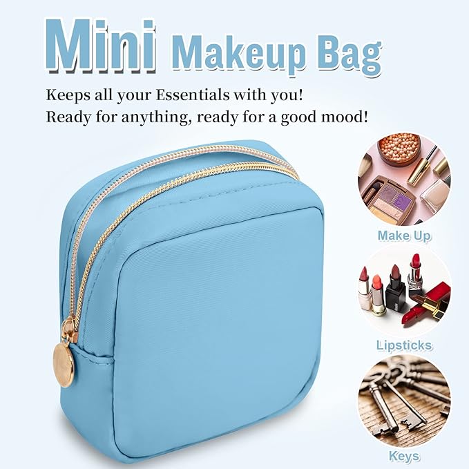 Nylon Mini Makeup Bag for Purse, Preppy Small Cute Makeup Bag Cosmetic Zipper Pouch Purse, Waterproof Travel Coin Pouch Sanitary Napkin Storage Bag Clutch Make Up Organizer Bag for Women Girls(Blue)