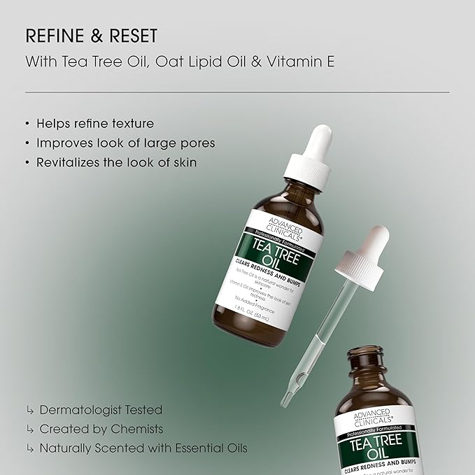 Advanced Clinicals Tea Tree Oil For Skin Facial Serum | Tea Tree Serum For Face With Vitamin E + Botanicals To Help Improve Appearance Of Large Pores & Skintone For Smoother Looking Skin, 1.8 Fl Oz