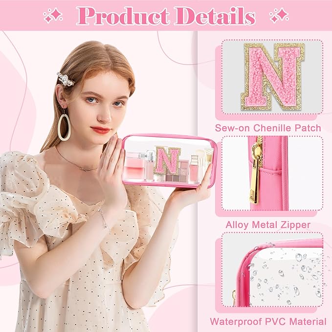 Personalized Initial Letter Clear Makeup Bag,Preppy Small Nylon&PVC Cosmetic Zipper Bag with Chenille Letter,Portable Beach Travel Skincare Toiletry Bag,Trendy Monogram Gift for Teen Girls Women,N