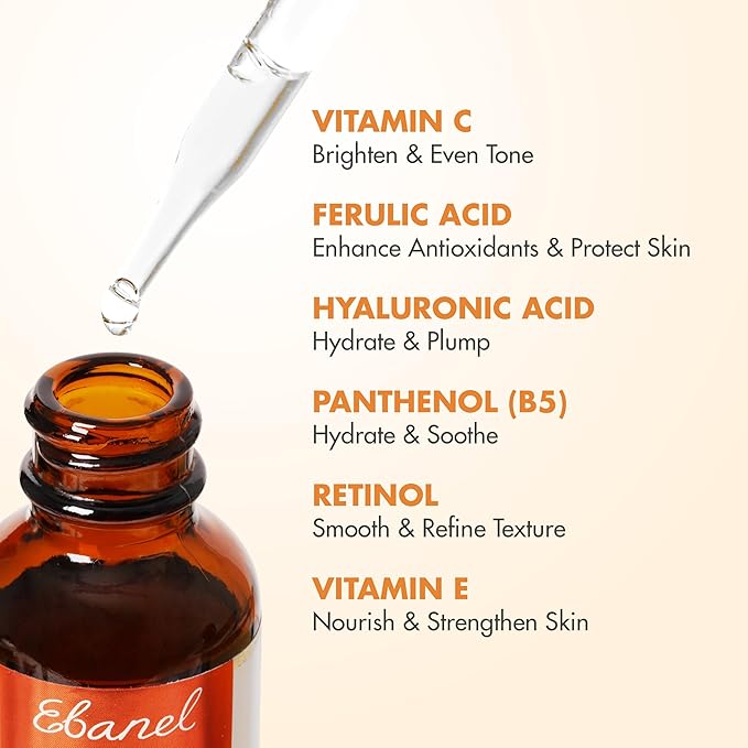 Ebanel Vitamin C Serum for Face with Ferulic Acid, Retinol, Vitamin B5 & E, Antioxidant Brightening Serum for Radiant Skin, Age-Defying Facial Care for Day and Night