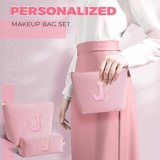Monogrammed Gifts for Women - Cosmetic Bag for Teen,Initial Cute Makeup Bag Set for Women,Trendy Pouch for Niece Sister Friend Female Her,Birthday Gifts for Daughter - Peach,J