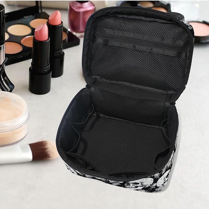 MNSRUU Makeup Bags, Gothic Skulls and Flowers Makeup Organizer Bags Toiletry Bag Box Travel Cosmetic Bag Make Up Train Case for Women Teen Girl Ladies
