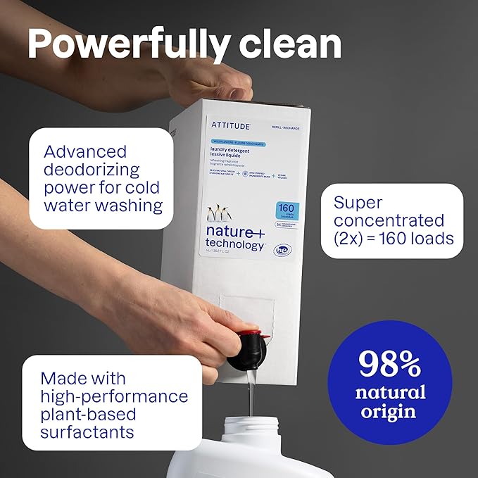 ATTITUDE Liquid Laundry Detergent Refill, EWG Verified, HE Compatible, Plant-Based & Vegan, Natural Laundry Soap, Unscented, 160 Loads, 135.26 Fl Oz