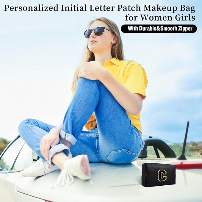 Personalized Initial Letter Patch Makeup Bag, Preppy Portable Chenille Cosmetic Bag with Zipper, PU Leather Waterproof Travel Toiletry Bag Monogram Make Up Pouch for Women Girls
