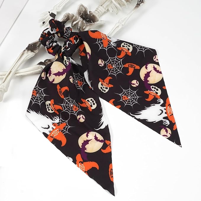 Halloween Hair Ties for Women Girls Spooky Witch Hat Bat Pumpkin Hair Scrunchies Moon Hair Tie Ribbon Hair Bows Halloween Hair Accessories