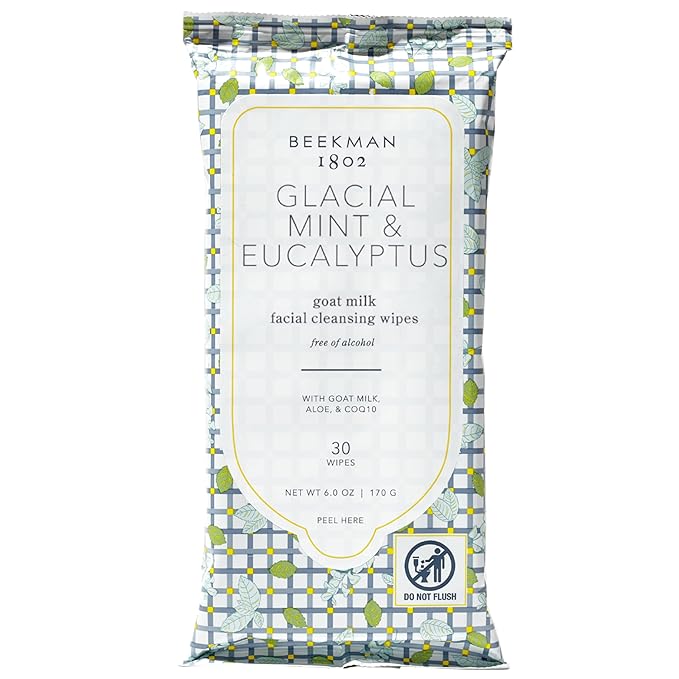 Beekman 1802 Glacial Mint & Eucalyptus Face Wipes - 30-Count - Scented - Cleanses, Nourishes & Hydrates - With Goat Milk, Aloe Vera - Good for Sensitive Skin - Cruelty Free