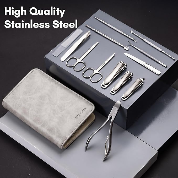 FAMILIFE Professional Manicure Set, Manicure Kit, Nail Clippers Set, Stainless Steel Pedicure Tool, Nail Kit with Portable Leather Travel Case Luxury Gifts for Him