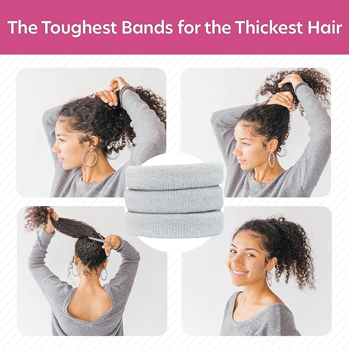 Burlybands Large Hair Ties for Thick, Heavy or Curly Hair - Non-Slip, Non-Damage, Seamless Women's Ponytail Scrunchies - Lt Gray, 3 Pcs