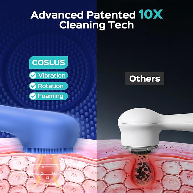 COSLUS Face Scrubber Facial Cleansing Brush: 2 in 1 Spin and Vibration Patented Tech, Silicone Electric Exfoliator Scrubber with Automatic Foaming, Waterproof Face Cleanser Brush for Men and Women