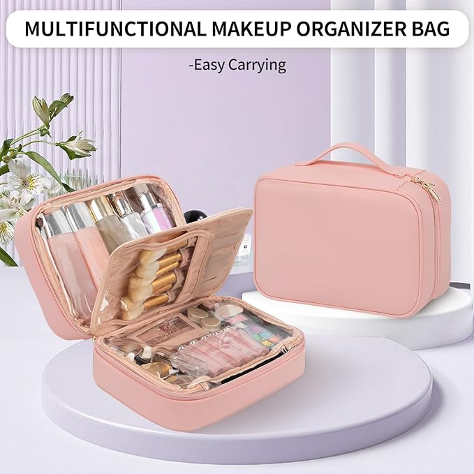 OCHEAL Makeup Bag, Makeup Travel Bag Large Capacity Waterproof Cosmetic Organizer Bag with Makeup Brush Compartment & Handle for Women Girls Travel Toiletry Accessories-Pink