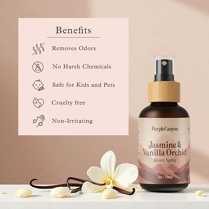 Purple Canyon Jasmine & Vanilla Orchid Room Spray — 4 oz Natural Linen & Room Freshener — Floral & Woody Fragrance Mist — Elegant & Refreshing — Premium Natural Fragrance Oils