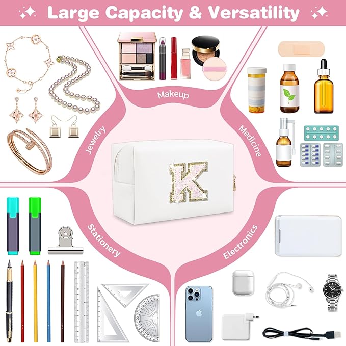 Small Initial Patch Makeup Bag Personalized Gifts Make Up Bag,White Cute PU Leather Glitter Letter Cosmetic Bag with Zipper,Trendy Portable Travel Toiletry Pouch,Preppy Stuff for Teen Girls Women K
