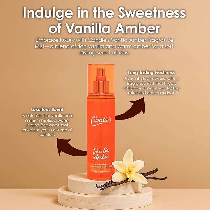 CANDIE'S Vanilla Amber Fragrance Mist - Sweet, Long-Lasting Perfume for Women, Luxurious All-Day Freshness, Ideal Body Cologne for Ladies, Feminine Scent, Lasts All Day, Must-Have Fragrance, 8.4 fl oz