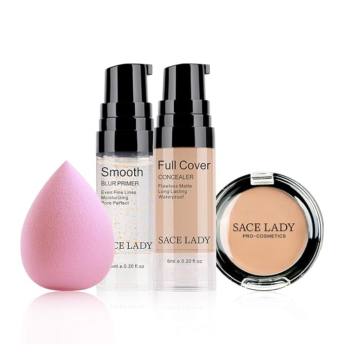 Waterproof Full Coverage Concealer With Primer Sponge Set, Smooth Matte Flawless Creamy Liquid Foundation Corrector Makeup Kit for Face Eye Dark Circles Spot Acne Scar Cover (0.2Fl, Natural)