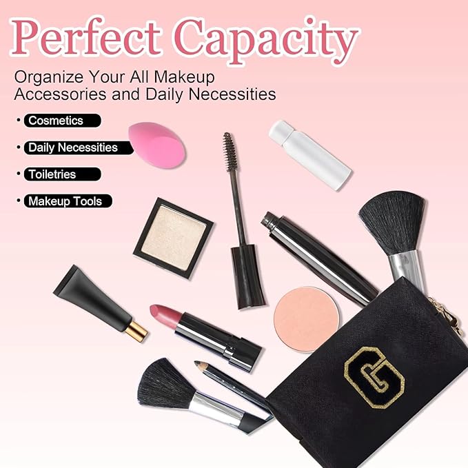 Small Personalized Letter Makeup Bag, Cute PU Leather Chenille Letters Cosmetic Bag Travel Makeup Pouch, Preppy Travel Organizer Zipper Pouch for Women&Girls（Black-G）