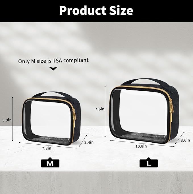 TSA Approved Travel Toiletry Bag,2 Pack Clear Makeup Bags with Handles,Quart Size Clear Cosmetic Bags for Traveling Women,Men,Carry on Airport Airline Compliant Bag,Black