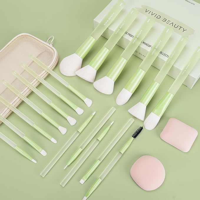 Green Makeup Brushes 18PCS – Complete Make Up Brush Set with Soft Fiber Bristles, Painted Aluminum Ferrules, Non-Slip Rubber Handles, Storage Mesh Pouch & 2 Blender Sponges