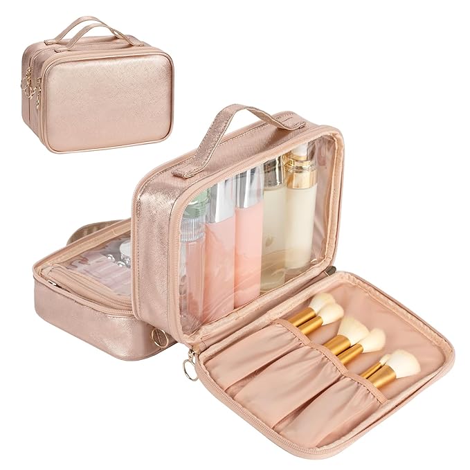 OCHEAL Clear Makeup Bag, Double Layer Cosmetic Bag, Large Capacity Minimalist Cosmetic Case for Women Travel Beauty Essentials, Multiple Compartments Makeup Case Organizer Zipper Pouch -Rose Glod