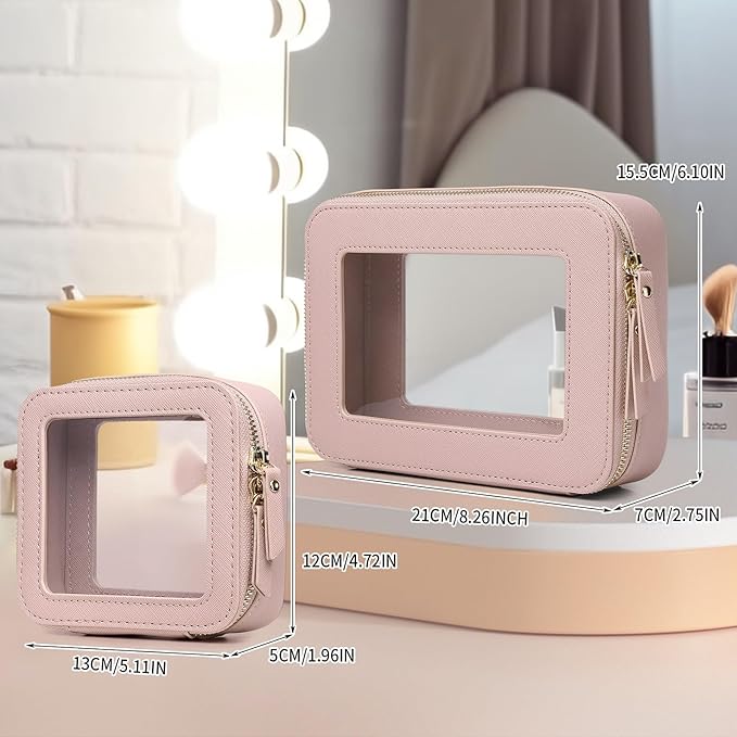 Pinkmik Clear Makeup Bag Waterproof Travel Case for Cosmetics and Toiletries Women's Purse Organizer and Clear Car Bag with Zipper (Pink, M+MINI)