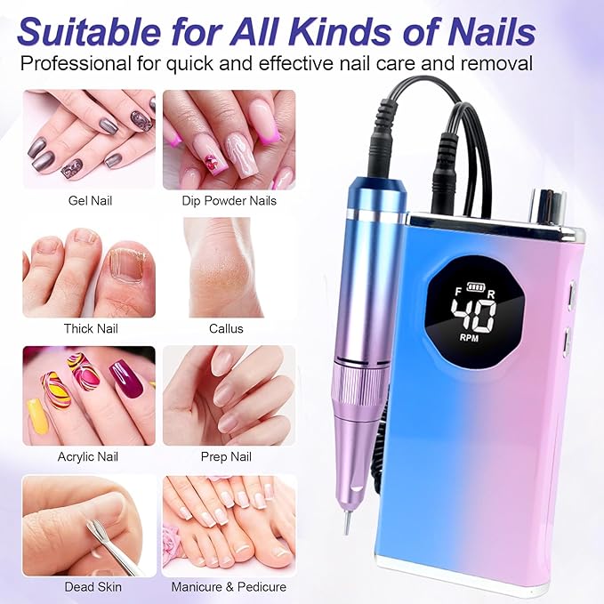 Electric Nail Drill File Professional 40000 RPM, Melodly Rechargeable Electric Nail File Machine Kit for Acrylic Gel Nails Polishing Removing, Portable Cordless Efile with Gold Bits Kit at Salon Home