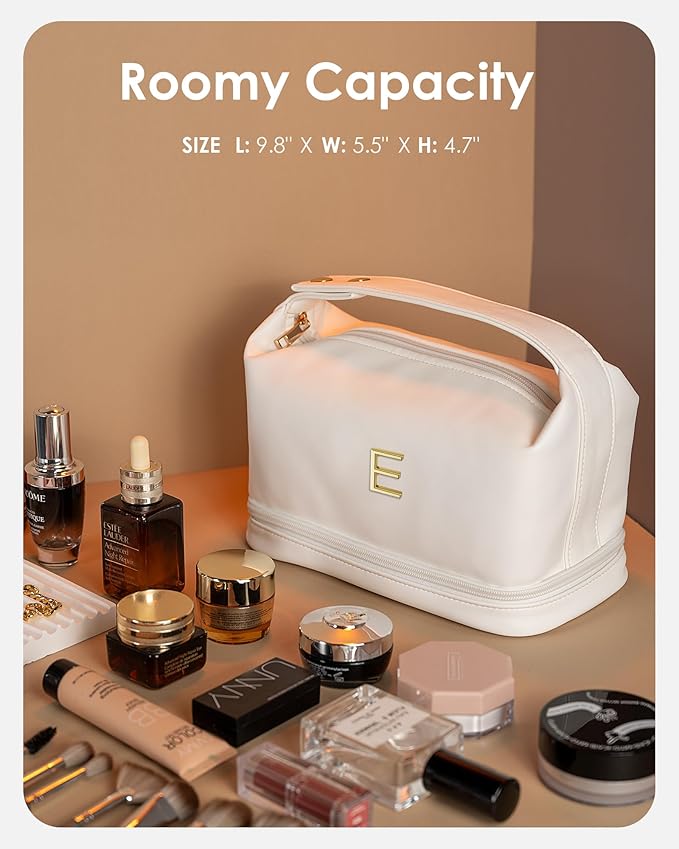 Bridal Gifts, Travel Makeup Bag, Personalized Double Layer Cosmetic Toiletry Bag White Makeup PU Bag Letter Bride Purse Waterproof Portable Zipper Wedding Bridesmaid Gift