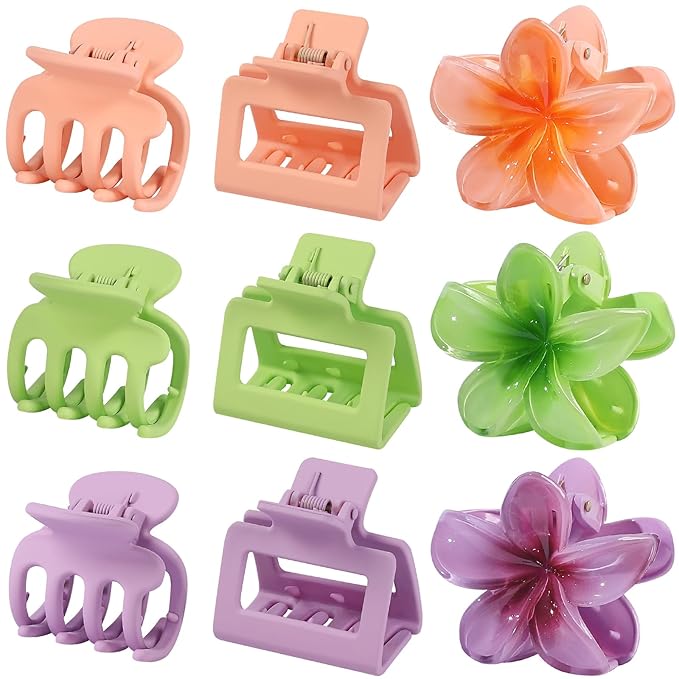 3 Styles Medium Hair Clips for Women 9 Pcs Small Claw Clips for Thin Hair Flower Hair Clips for Thick Hair Square Hair Claw Clips for Girls Hawaiian Plumeria Hair Accessories for Women (Purple)