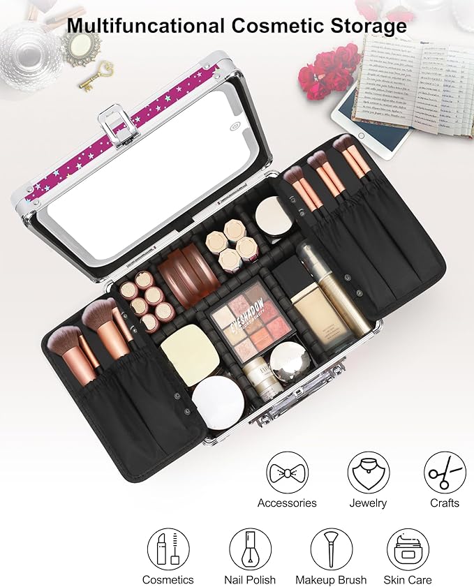 Relavel Makeup Bag with LED Mirror, Makeup Box Travel Train Case with Rechargeable Lighted Mirror, Cosmetic Brush Organizer Storage for Makeup Artists Gifts for Women and Girls, Hot Pink Shining Star