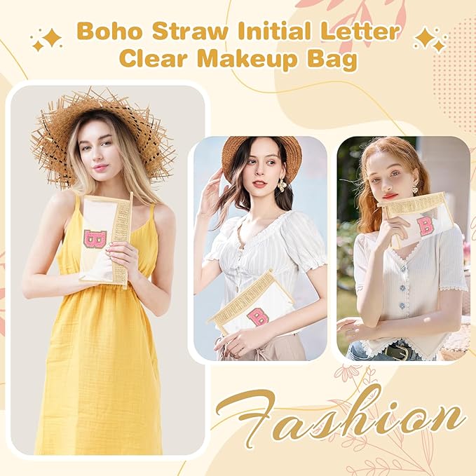 Small Boho Straw Initial Letter Makeup Bag Personalized Gift ,Cute Clear Chenille Patch Makeup Bag With Zipper,Trendy TSA Approved Travel Toiletry Bag,Gift for Women Girls Birthday Friend, Letter B