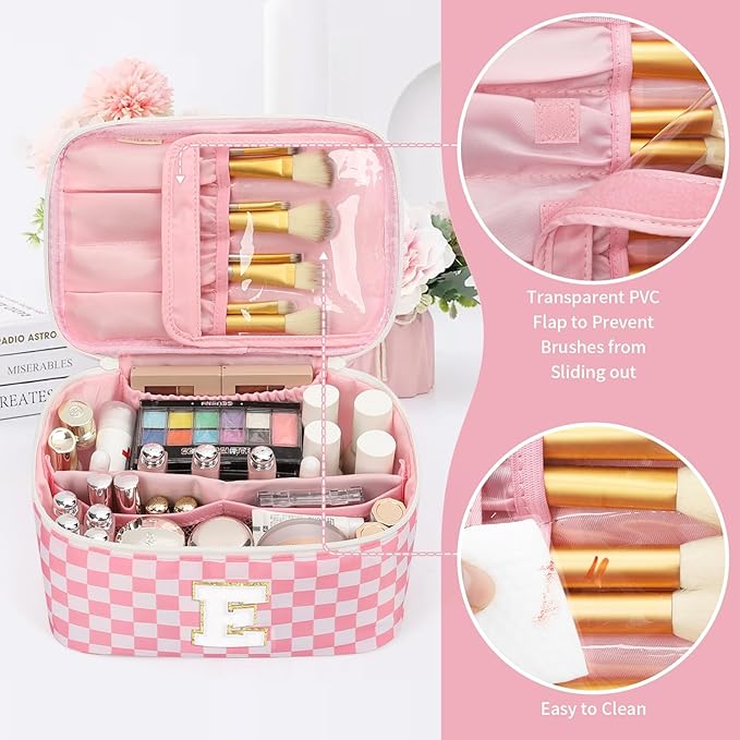 OCHEAL Makeup Bag for Women, Monogram Cosmetic Bag with Brush Holder, Pink Travel Makeup Case Beauty Toiletry Bag Organizer Personalized Gifts for Girls Bridesmaid, Sister, Wife, Friends Initial E
