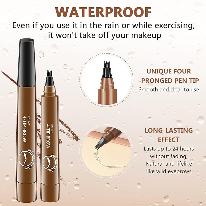 2Pcs Magic Microblading Eyebrow Pencil, 4-Tip Brow Pencil with Micro-Fork Tip, 3D Waterproof Microblading Eyebrow Pen, Eyebrow Tattoo Pen for Natural Makeup (Light Brown)