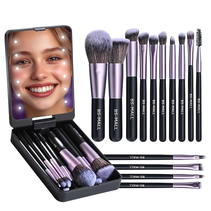 BS-MALL Travel Makeup Brush Set Foundation Powder Concealers Eye Shadows Makeup Set with LED light Mirror 14 Pcs (Purple)…