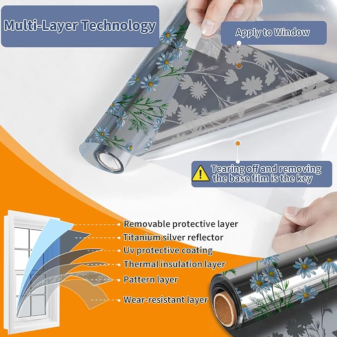 One Way Privacy Film, Window Tint for Home,Daytime Reflective, Anti UV Static Cling Sliding Door Coverings No Glue Garage Solar Paper (Silver -Daisy, 45.27 x 78.7 in)
