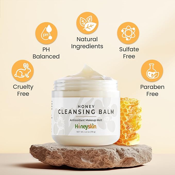 Honey Cleansing Balm Makeup Remover - Face and Eye Makeup Remover for Sensitive Skin Face Wash - Hydrating Facial Cleanser and Gentle to Face Makeup Melting Balm (4oz)