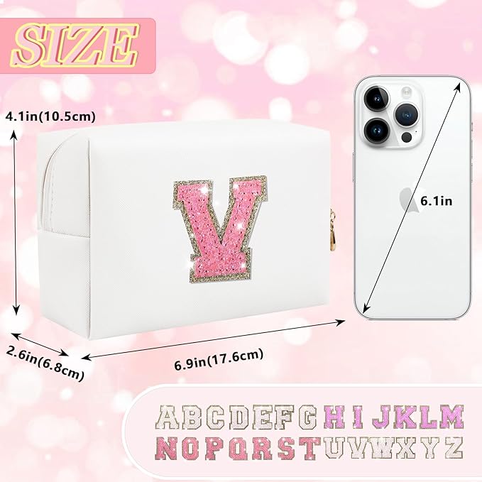 Personalized Initial Letter Patch Makeup Bag, Preppy Glitter Letter Makeup Organizer, Cute Monogrammed Pouch Cosmetic Bag PU Leather Waterproof Travel Toiletry Bag, Gift for Women Teen Girls(V)