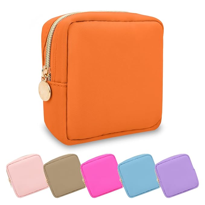 Mini Makeup Pouch for Purse, Small Cosmetic Bag Pouch Nylon Travel Toiletry Organizers for Women Girls, Cute Zipper Pouch Coin Purse Preppy Storage Bag for School Work(Mini-Peach)