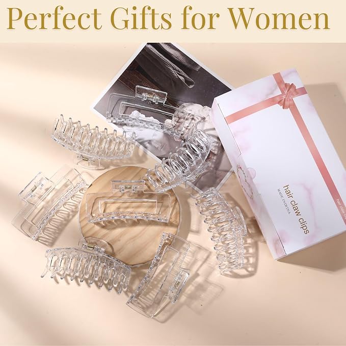 Clear Hair Clips for Women -8 Pack 4.3 Inch Large Matte Banana Claw Clips for Women Thin Thick Curly Hair, Big Strong Hold jaw
