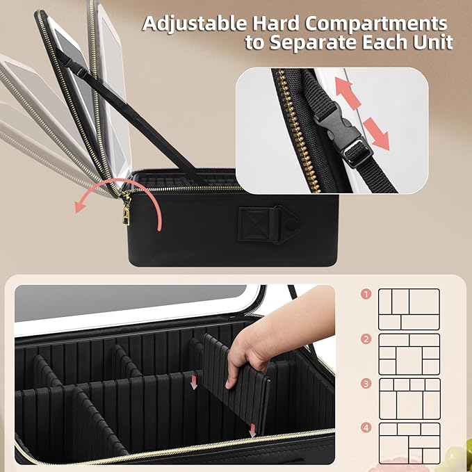 15''X11'' Large Makeup Bag with Removable Lighted Mirror, Professional Travel Makeup Train Case PU Leather Cosmetic Make up Organizer with Adjustable Dividers & Brush Storage Board