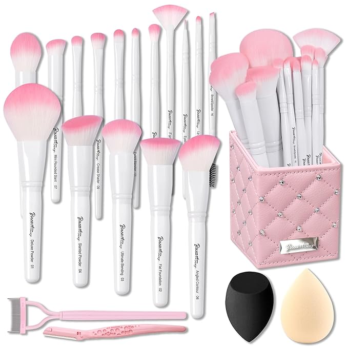 Bueart Design 16Pcs ULTRA SOFT labeled Makeup Brushes set with brush Holder face brush for Foundation Powder Blending Blush wooden Handle(16Pcs White+Pink Holder)