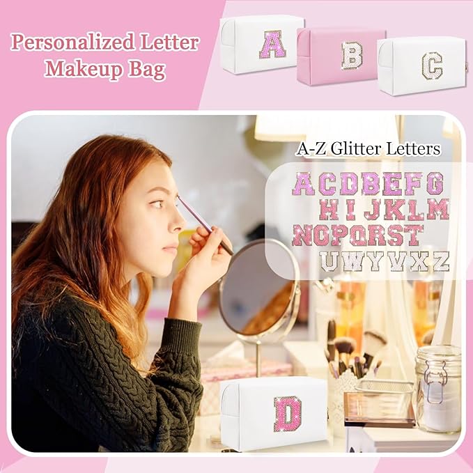 Small Personalized Glitter Initial Letter Makeup Bag, Cute PU Leather Chenille Letters Cosmetic Bag Travel Makeup Pouch, Preppy Travel Organizer Zipper Pouch for Women&Girls（WhiteRosePink-D）
