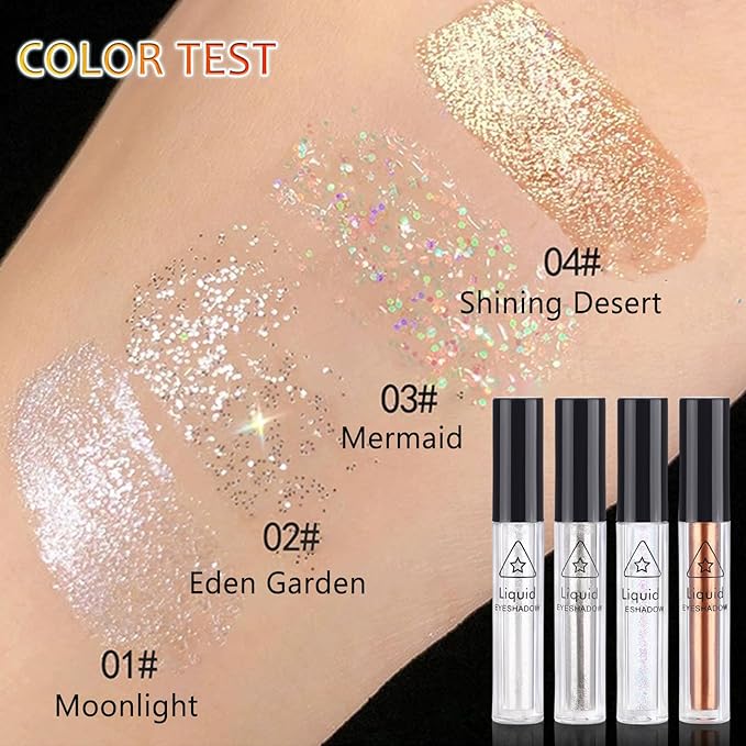 4Pcs Liquid Eyeshadow Eyeliner Kit Set for Korean Makeup, Sparkling Shimmer Metallic Eye Glitter Sequins for Under Eye Tear-Drop Make Up, Quick-Dry Loose Glitter Glue for Crystal Mermaid Looks