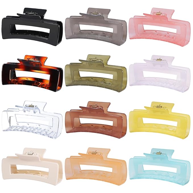 12 Pack Large Square Hair Claw Clips for Women and Girls, 4.1 x 2.1 x 1.2 inch, 12 Rubber Paint and Plastic Materials, Non-Slip Jumbo Jaw Design - Jelly